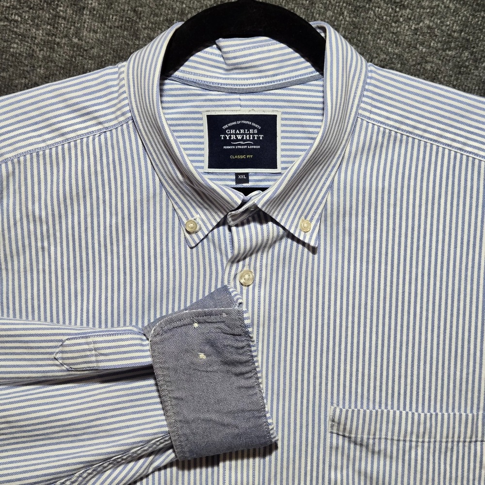 Charles Tyrwhitt Mens 2XL Classic Fit Oxford Shirt Blue Striped Button Flip Cuff